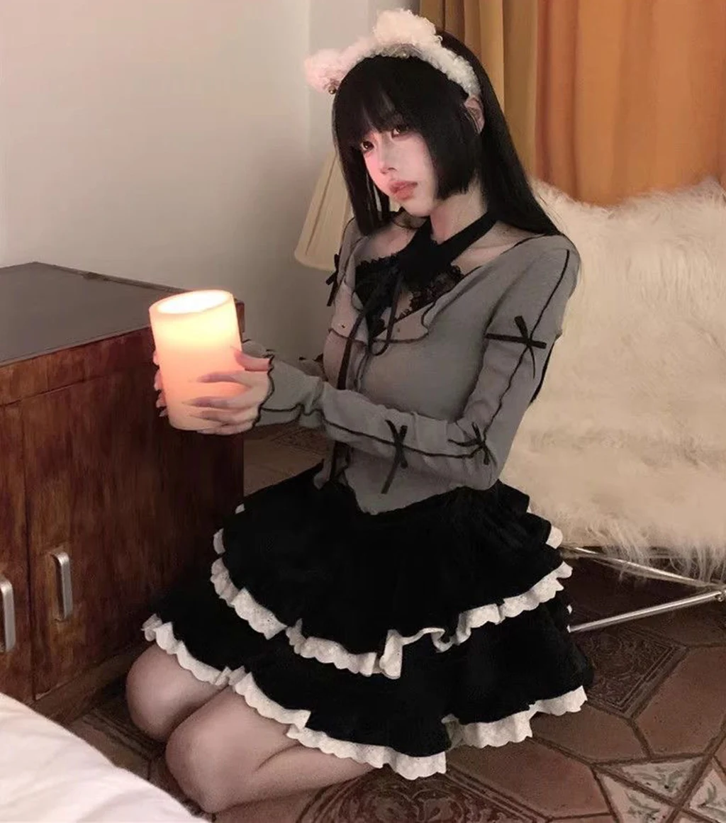 

Готическая мини-юбка в стиле Лолита с рюшами, черная многослойная юбка-тортик с кружевом, юбка А-силуэта в стиле Y2K Sweet & Spicy