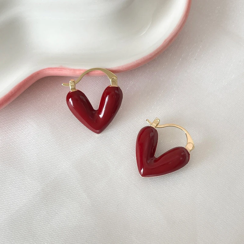 Pendientes con colgante en forma de corazón de esmalte rojo vino romántico francés, joyería de moda para mujer, accesorios para pendientes
