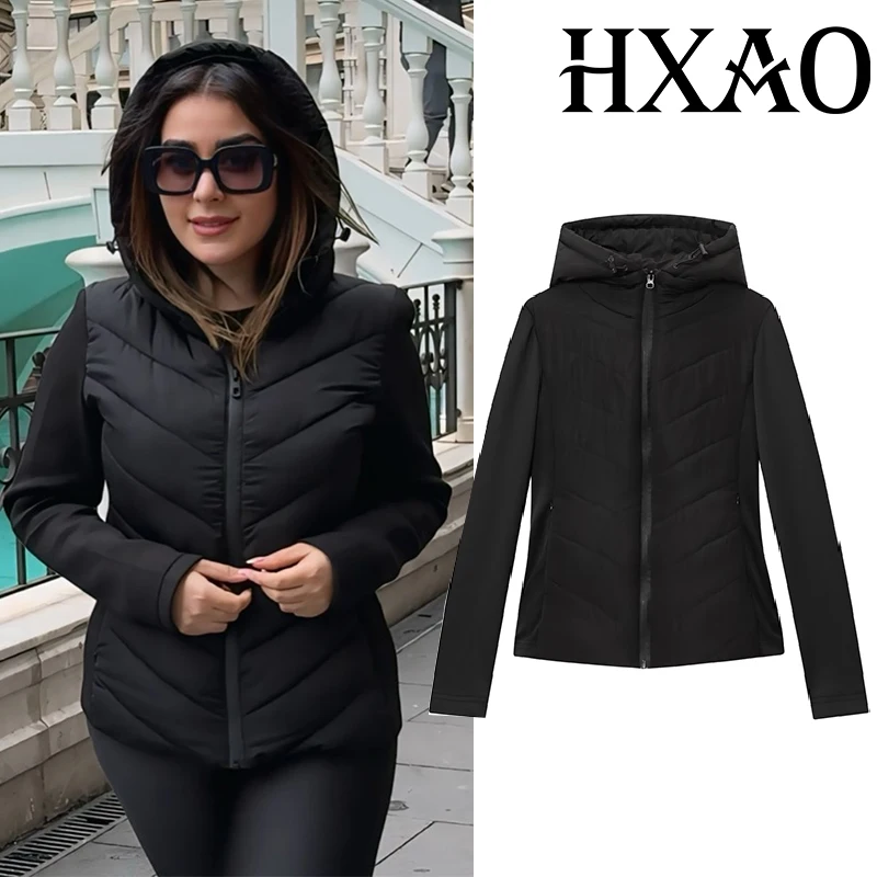 

HXAO Parkas Black Quilted Jacket Woman Hooded Warm Lightweight Padded Jackets Autumn Winter Short Coats Zip Up Padding Coat