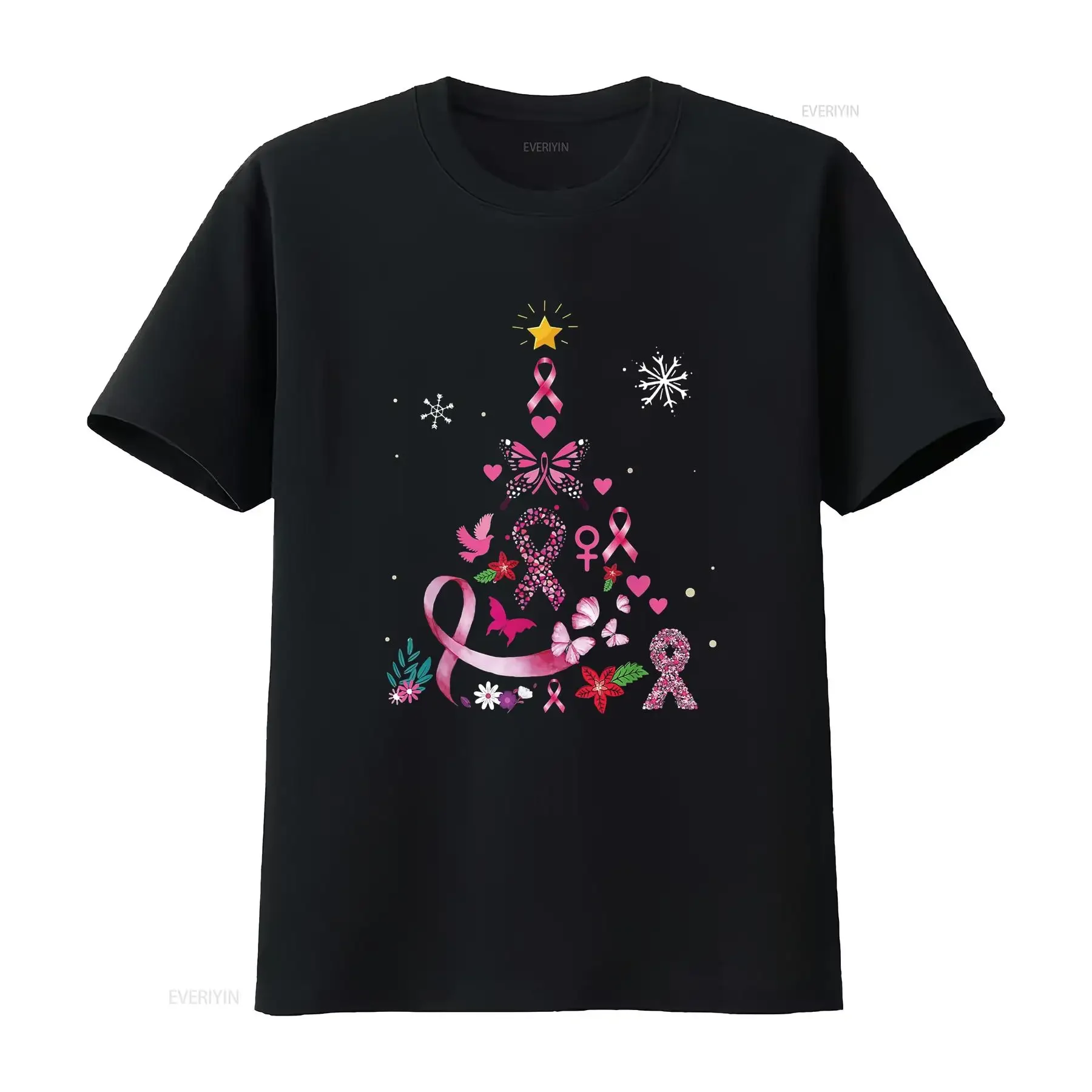 Womens Breast Cancer Awareness Christmas Tree Xmas T Shirt Black 2X Large vintage Washed Soft Casual homme Comfortable