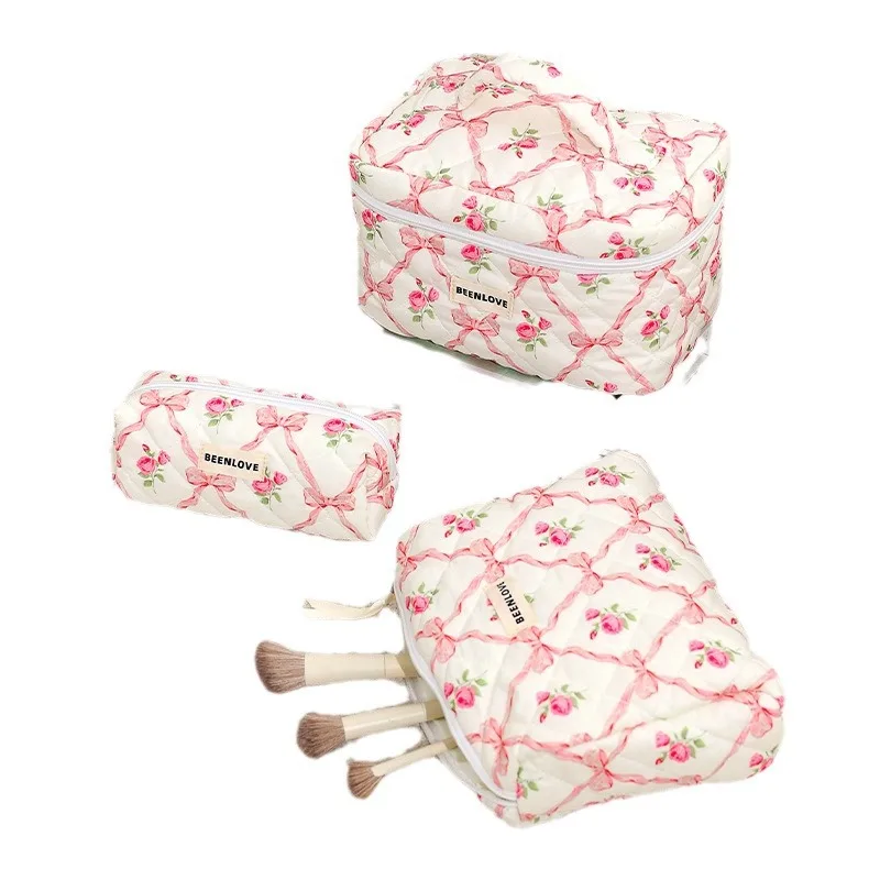 

New 1pc Cute Quilted Cotton Makeup Bag Women Zipper Cosmetic Organizer Cloth Handbag Box Shape Portable Toiletry Case for Girls