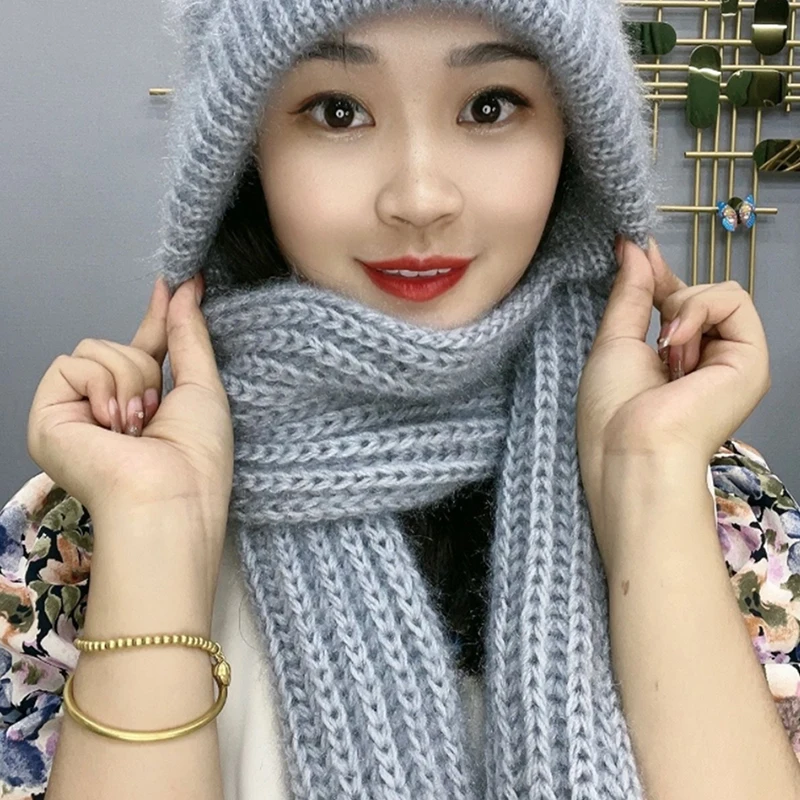 Hat Scarf All-in-one Female Winter Warm Rabbit Hair Ear Padded Cute Knitted Neck Protection Cold-proof Cycling Cap