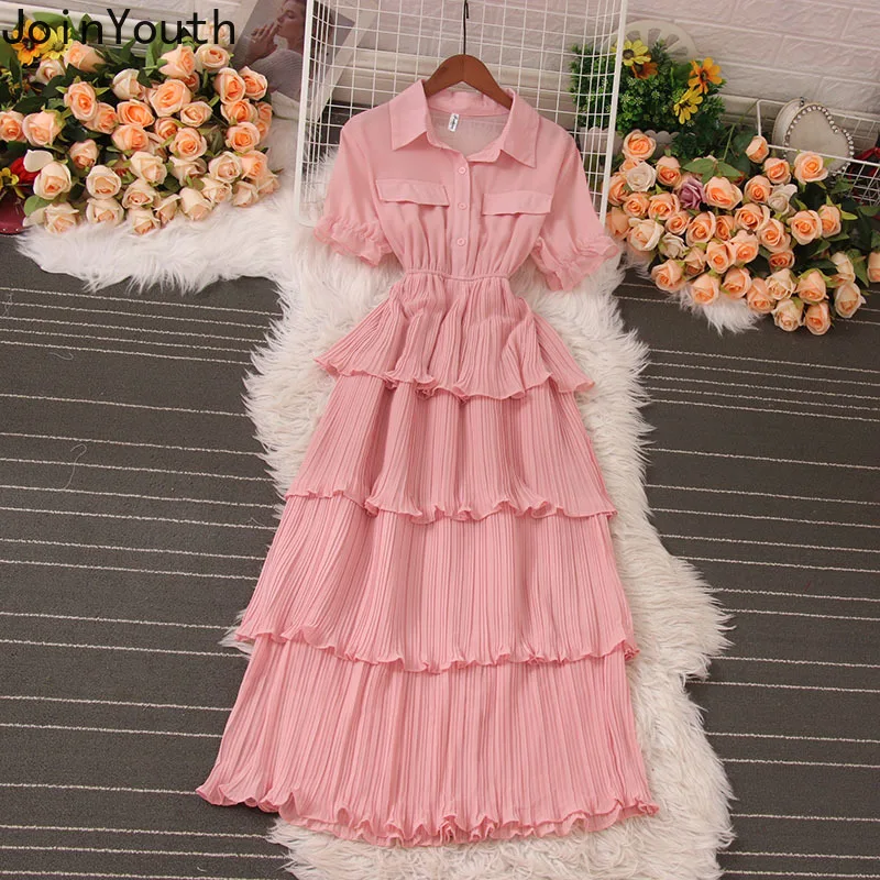 Vintage Woman Dress 2024 Vestidos De Mujer Short Sleeve Tunic Slim Waist Pleated Maxi Dresses Chic Summer Temperament Robe Femme