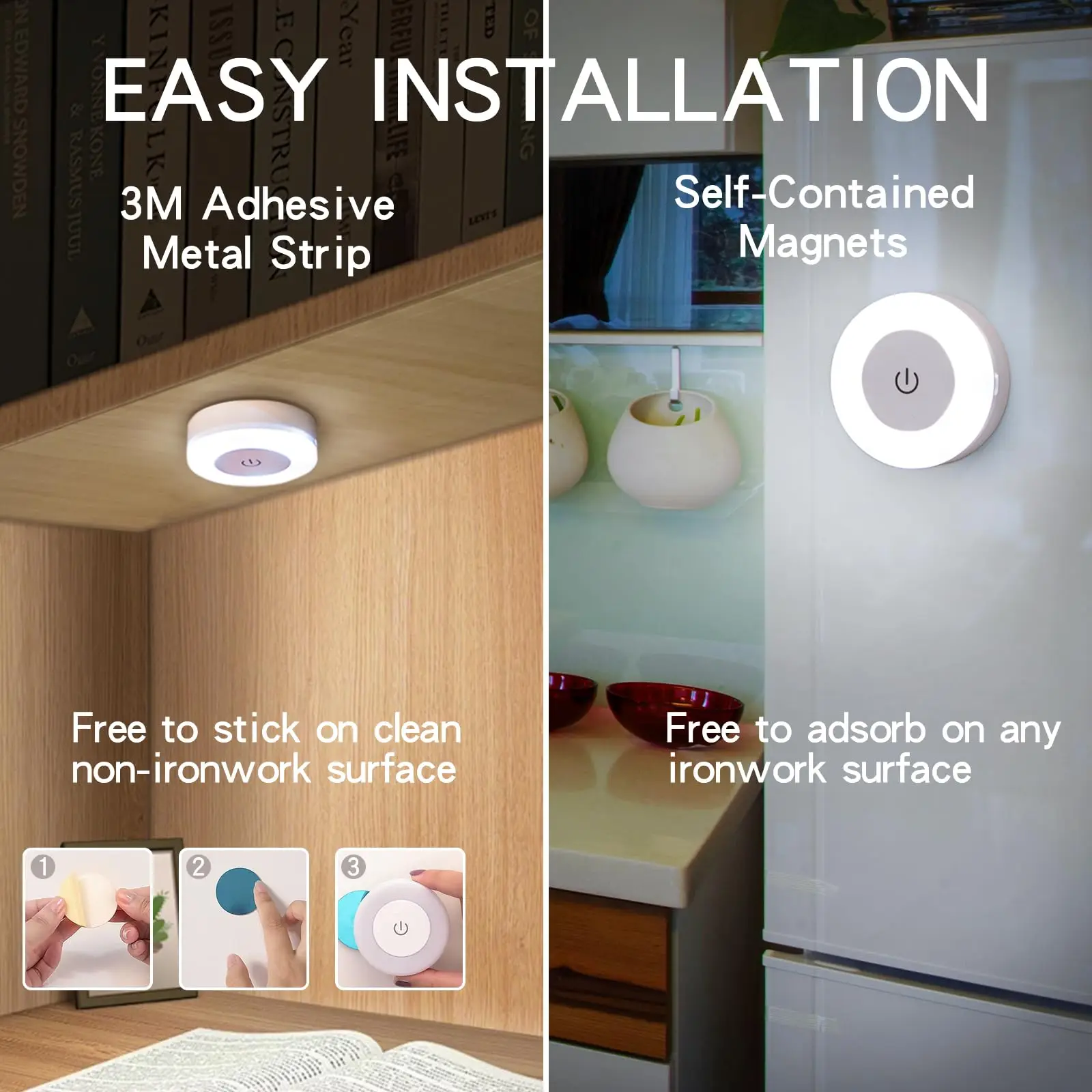 Touch Control LED Push Lights Dimmable Wireless Night Light Rechargeable Battery Operated Puck Lights for Closet Kitchen Cabinet