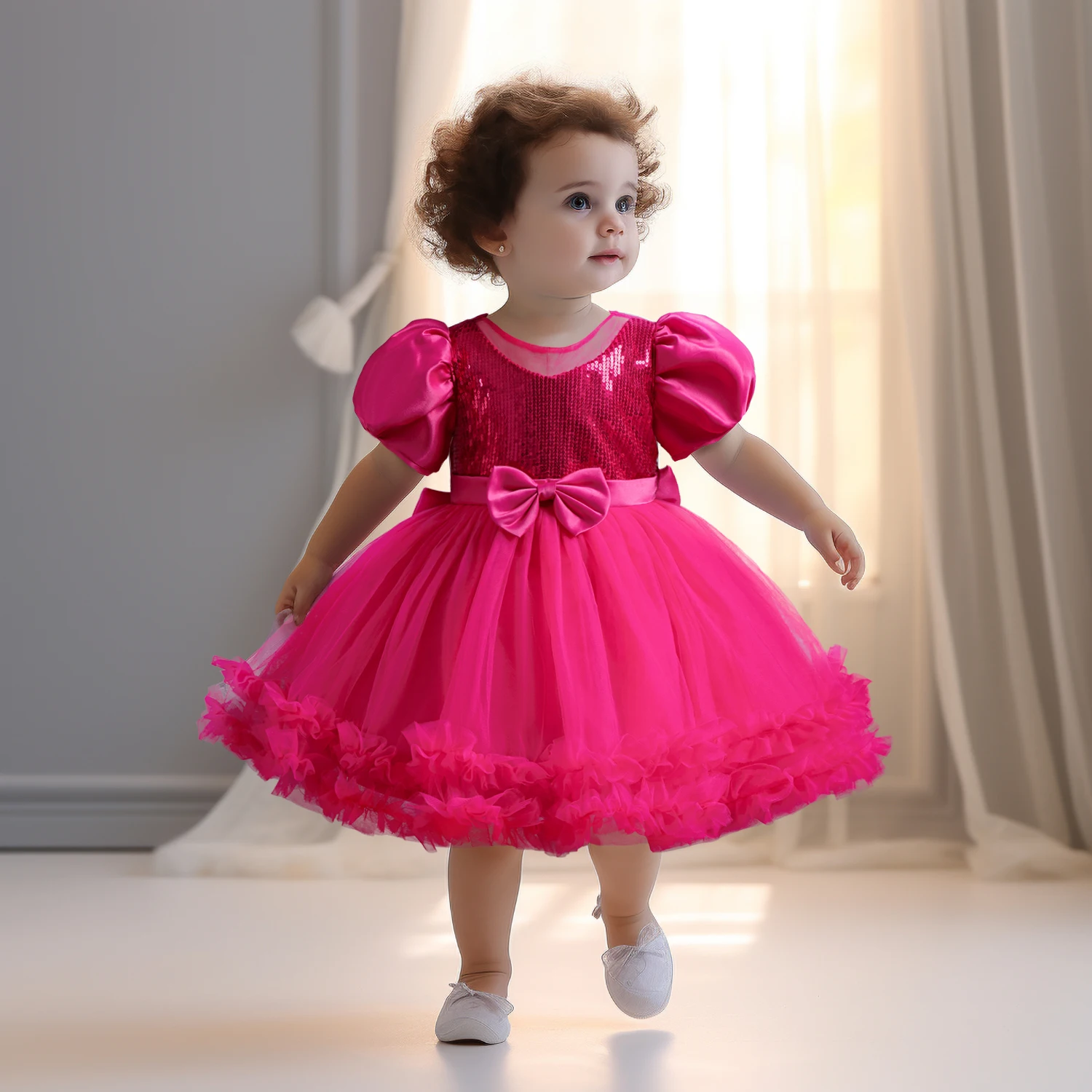 Summer Baby Girl Dress 2024 New Sequin Puff Sleeve Pink Princess Dress Bow Mesh Dress Banquet Birthday Party Fluffy Formal Dress