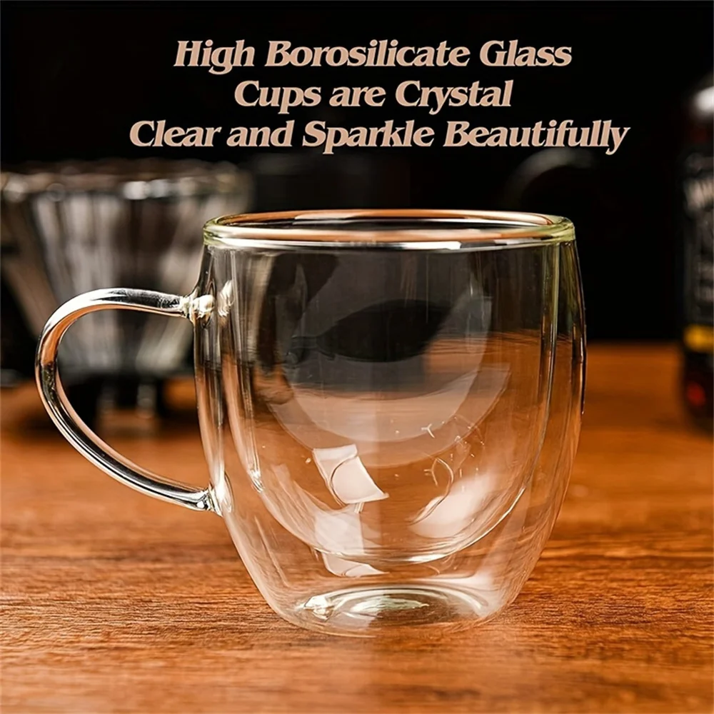 1pc Double Walled Glass Coffee Mug 250ml Clear Glass Espresso Shot Cup with Handle for Hot/Cold Cappuccino, Latte, Tea