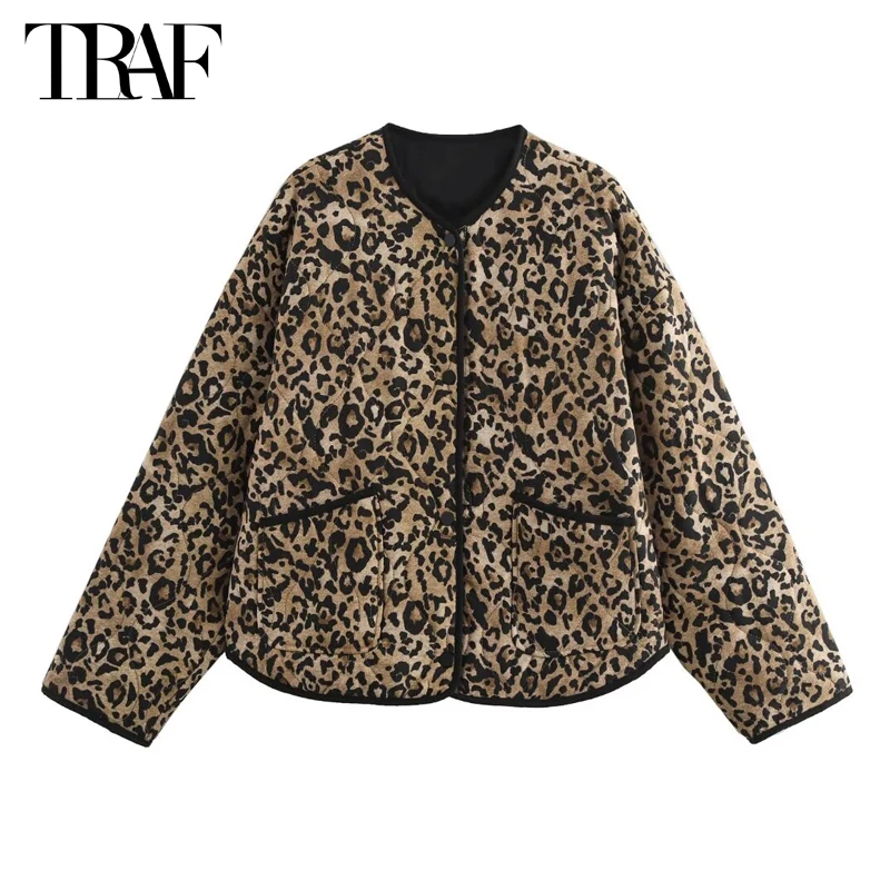 TRAF Leopard Print Women's Coats Autumn Button Overcoat Female Long Sleeve Quilted Jacket Women Winter New in Coats and Jackets