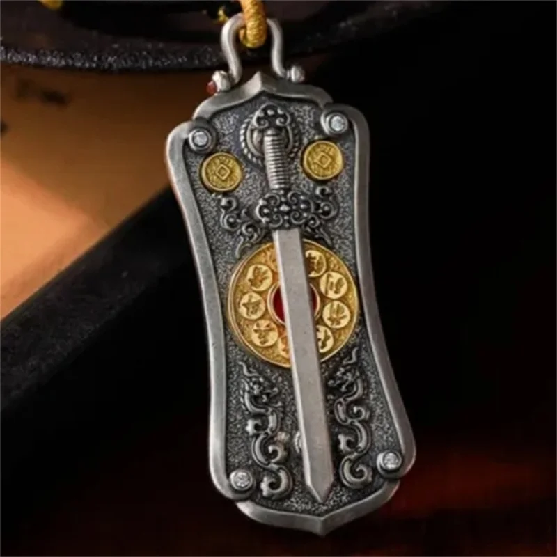 Ethnic Style Eight Diagrams Sword Pendant Men Jewelry Blessing Scripture Relief Dragon Safety Card Necklace Male Amulet Gift