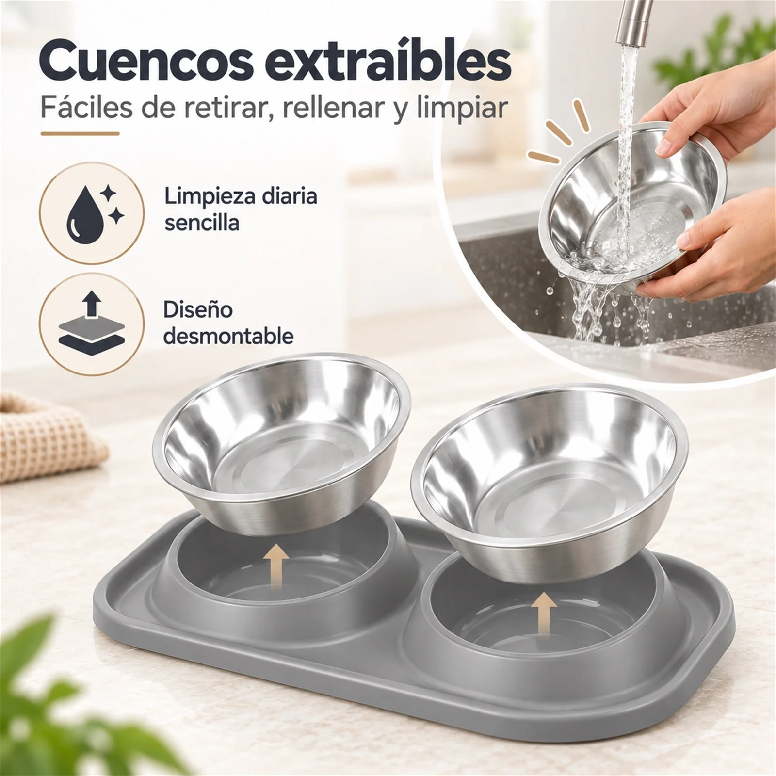Comedero Doble para Perros y Gatos con Cuencos de Acero Inoxidable, Base Elevada con Inclinación de 15 Grados, Soporte de Plástico PP Antigoteo, Platos Desmontables para Mascotas