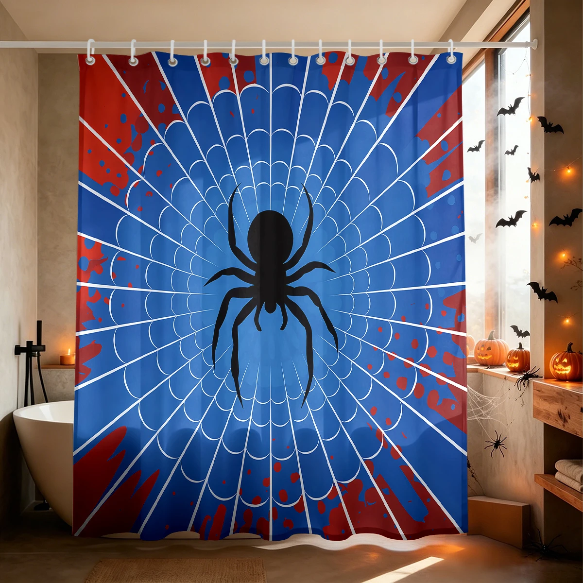 1Pc Blue Background Black Spider Crack Texture Shower Curtain Waterproof Bathroom Privacy Hanging Curtain Spooky Pattern Bath