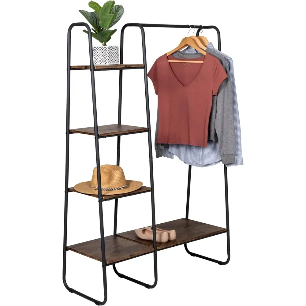 Independent Metal Coat Rack with Wooden Frame, Metal Hanger, Shelf and Hanger Rod, Used for Organizing Clothes