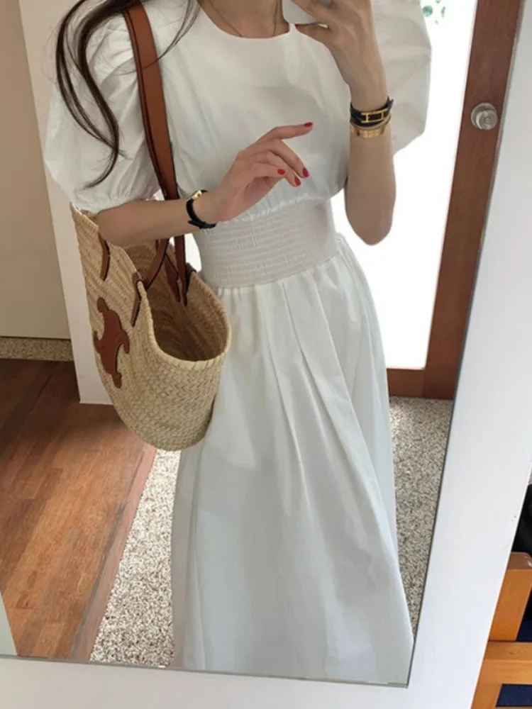 [EWQ] Korea Chic Runway One-piece Dress 2024 Summer New Beautiful  Ladies Vestidos O-Neck White Robe 16O233800