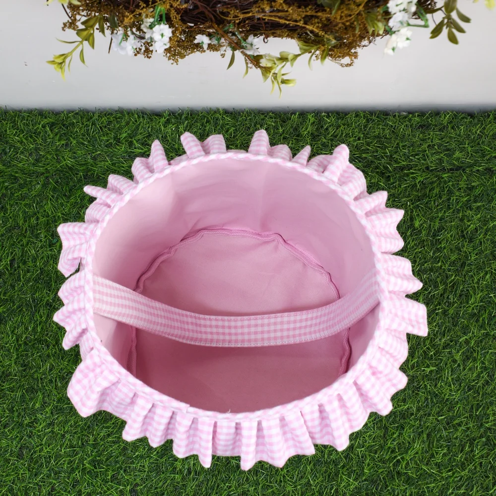 Rüschen-Osterkorb, Seersucker, kariert, kariert, Süßigkeiten-Geschenk-Einkaufstasche für Kinder, Frühling, Ostern, Party, Zuhause, Festival, Dekorationen – Detail 5