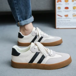 Men Genuine Leather Sneakers Round Toe Flats Mixed Colors Sewing Fashion Vulcanized Shoes Casual Shoes Retro Training White