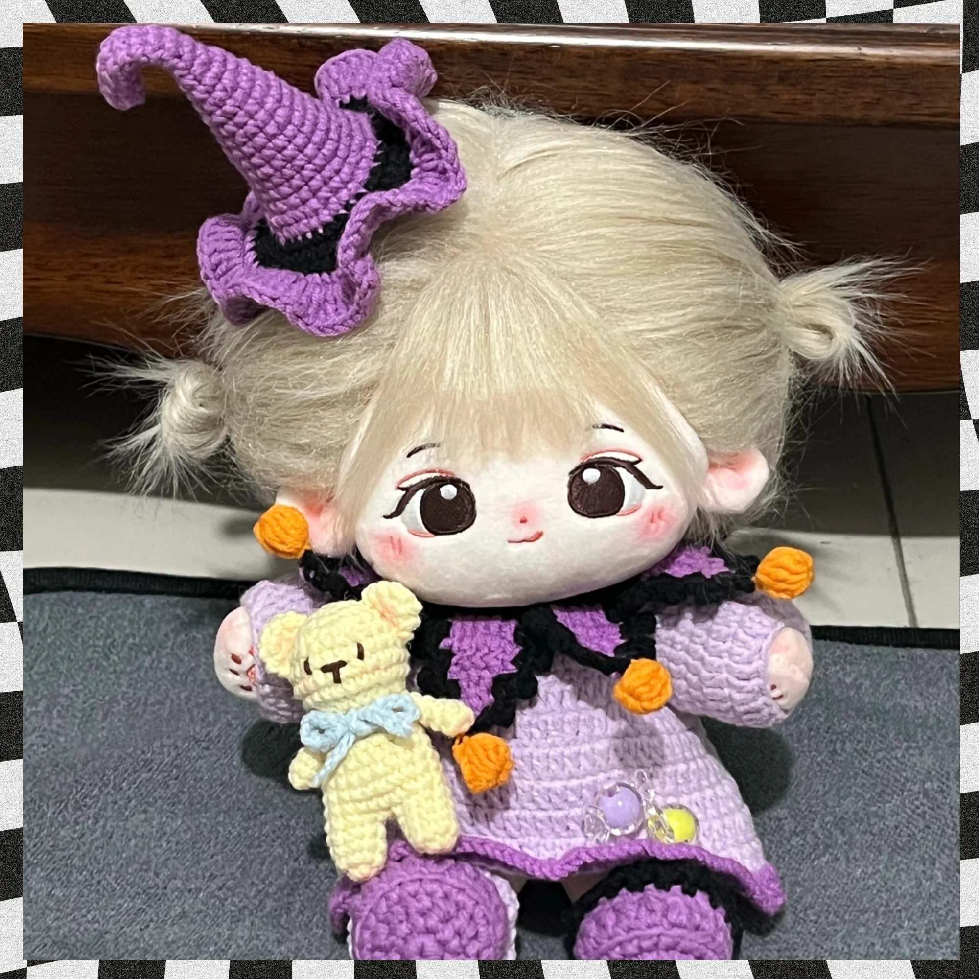 

Hand-crocheted 20cm Cotton Doll Clothes Halloween Purple Witch Attributes Clothes Wool Crochet High-end Customization Dress Set