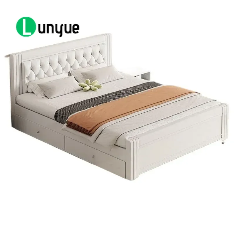 Solid Wood Bed Soft Upholstered Headboard Double Single Bed 1.8m 1.5m 1.2m for Master Bedroom Rental Room Home Furniture
