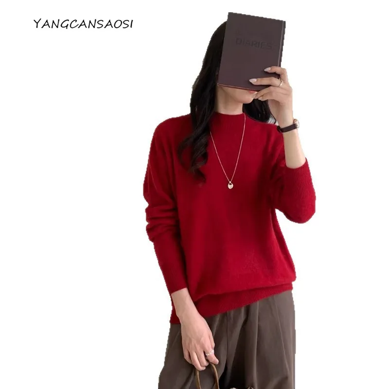 

2025 женский осенний новый приятный для кожи свитер с круглым вырезом, 95% шерсть, 5% кашемировый флисовый вязаный базовый свитер, бесшовный свитер в ленивом стиле