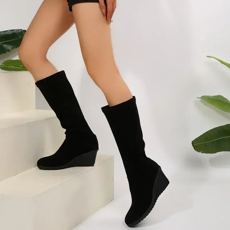 

Spring Women's Large Size Wedge Shoes Fashion Slip-on and Calf Boots Retro Casual Riding Boots for Women High Heels Botas Mujer