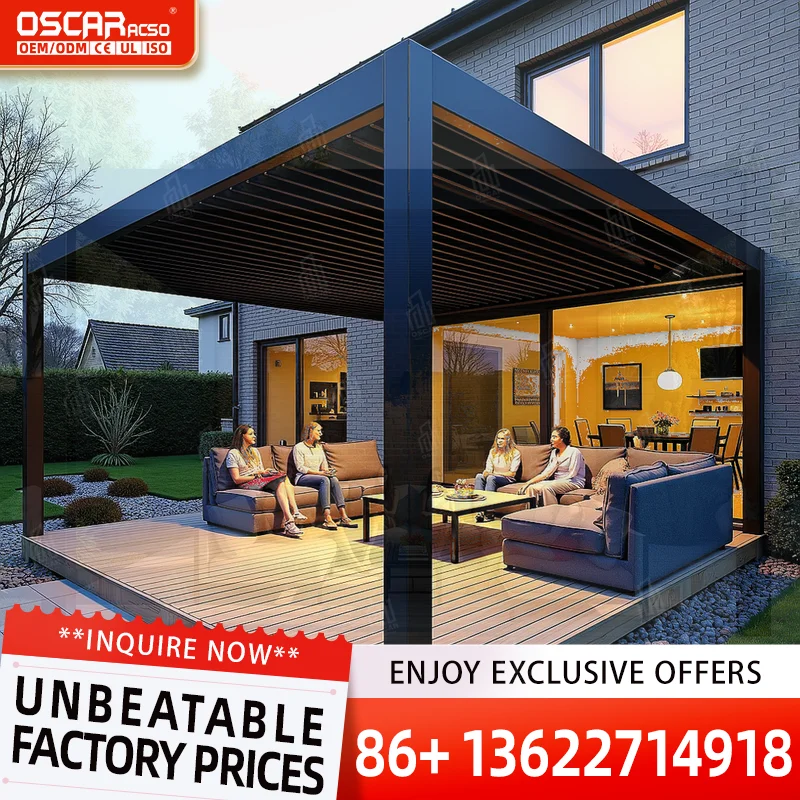 Motorized Outdoor Zip Screen Roller Blinds for Pergola Garage Terrace with Waterproof Fiberglass Fabric Pergola