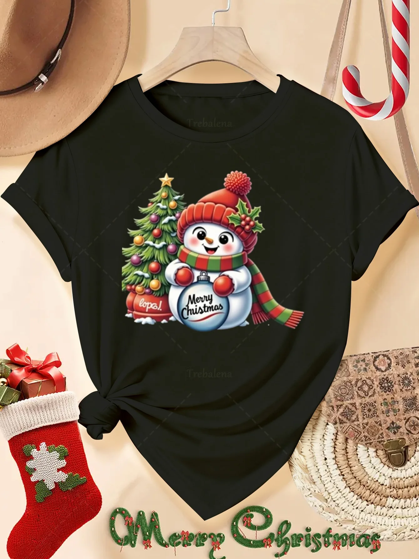 T-Shirt de noël rouge mignon bonhomme de neige imprimé à manches courtes col rond haut décontracté noël Thanksgiving Halloween femmes vêtements