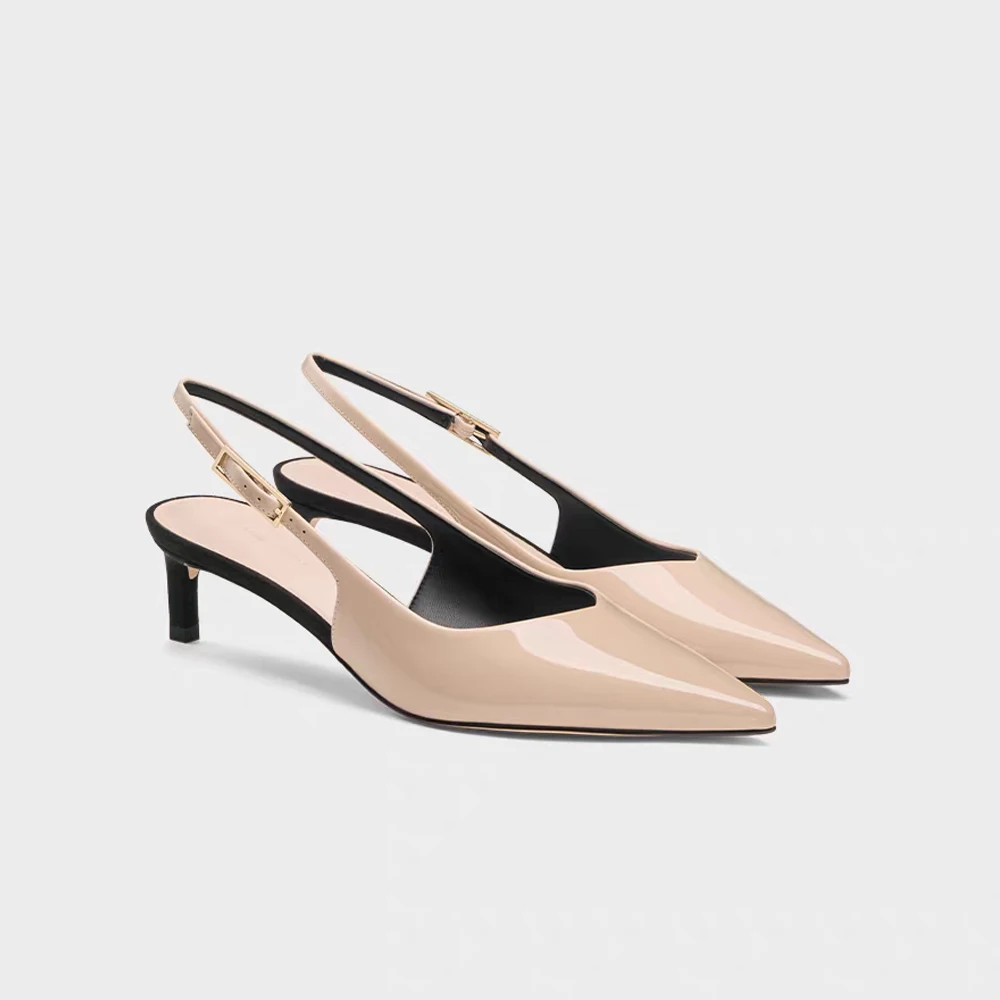 

=FWRD Women's Patent Leather Pointed-Toe Kitten Heel Sandals with Buckle Strap, Elegant Daily Party Shoes #FWRD000220