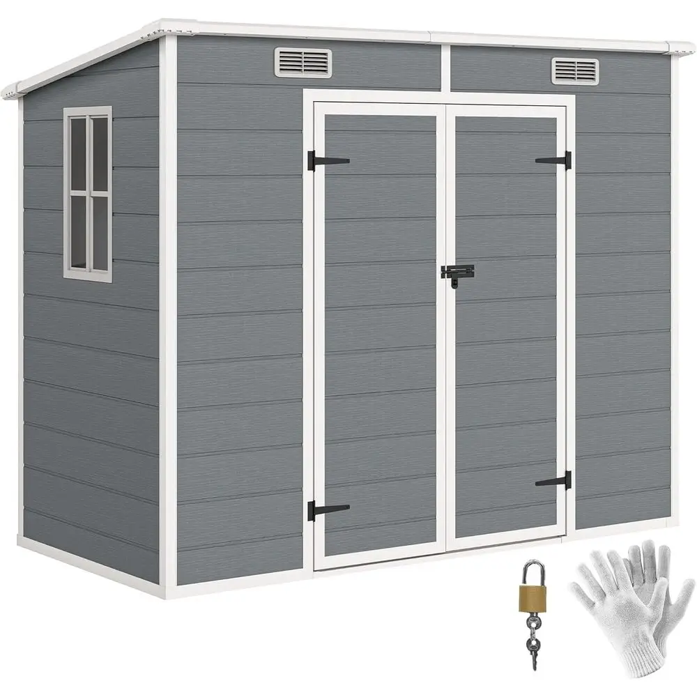 

Gray Plastic Outdoor Storage Shed, 8x4 ft, with Vent, Window, Double Locks, Ideal for Patio, Lawn, or Garage