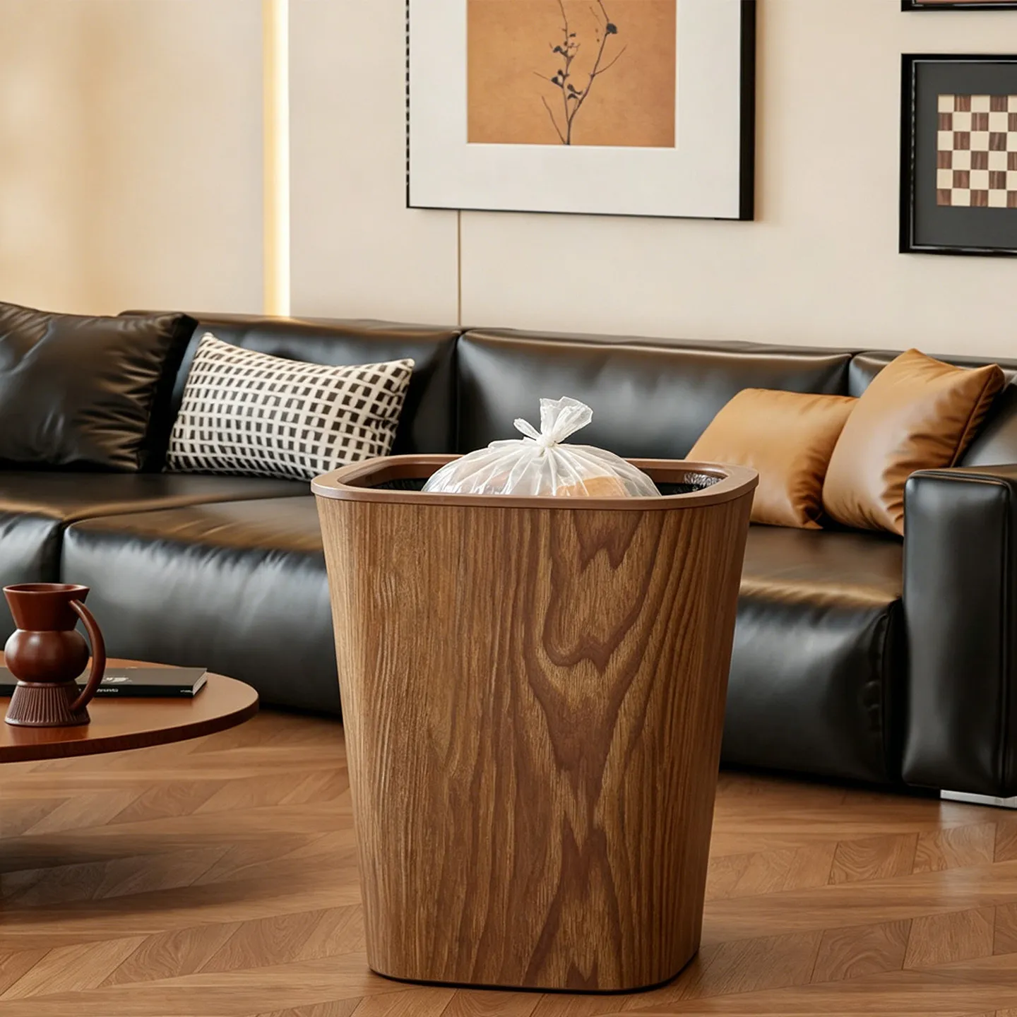 YFY light luxury imitation wood grain trash can bedroom large capacity simple Japanese living room paper basket bucket