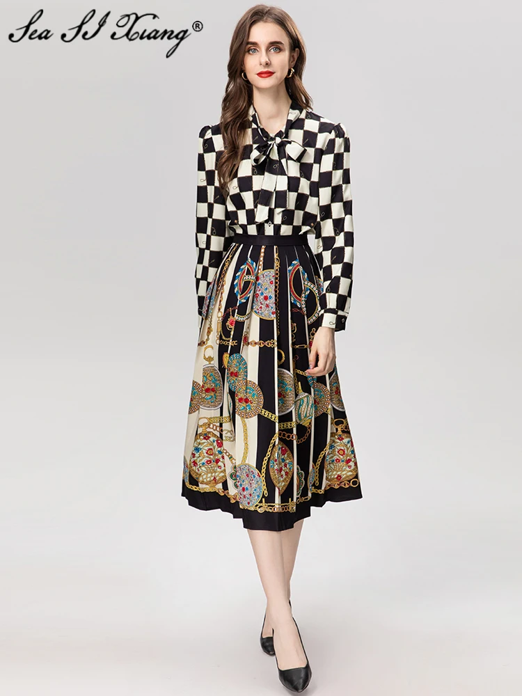 

Seasixiang Fashion Designer Autumn Suit Women Lace-up Collar Long Sleeve Single Breasted Tops+Skirt Vintage Print Two-piece set