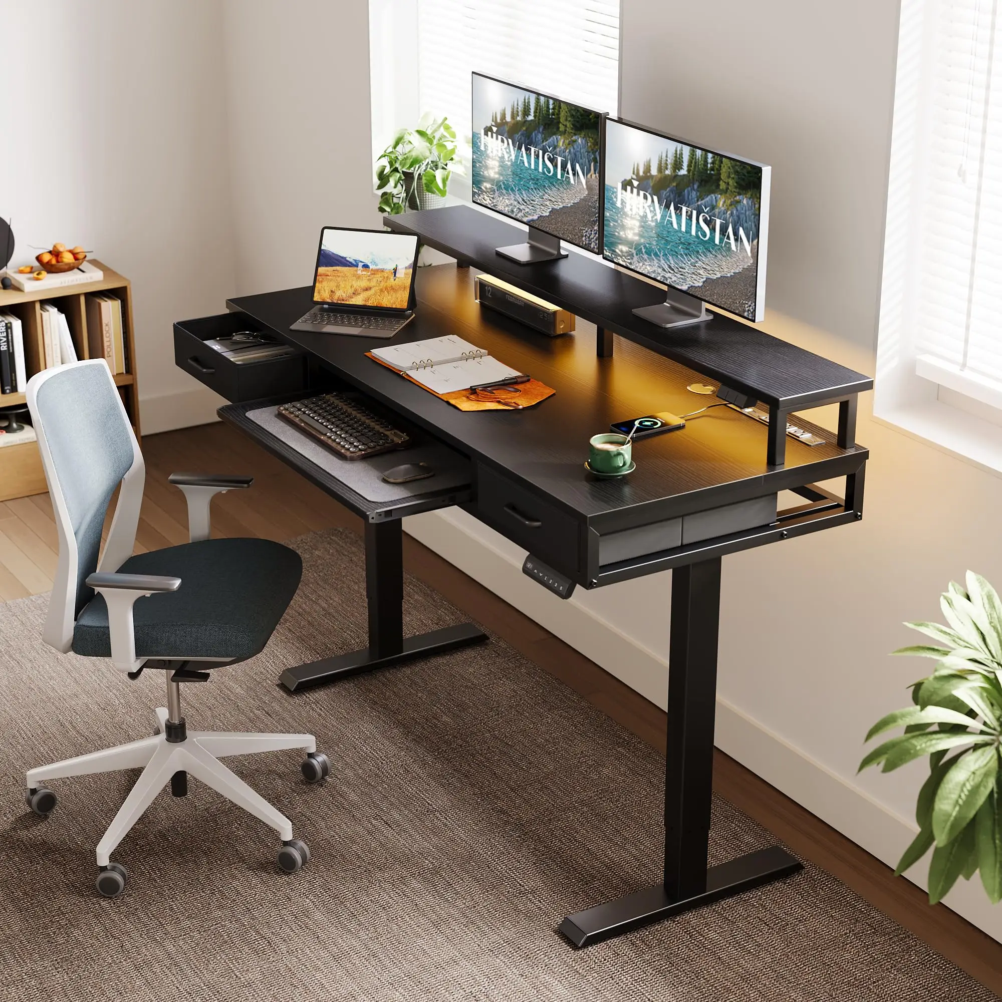 55 Inch Electric Standing Desk with Drawers & Keyboard Tray, Black