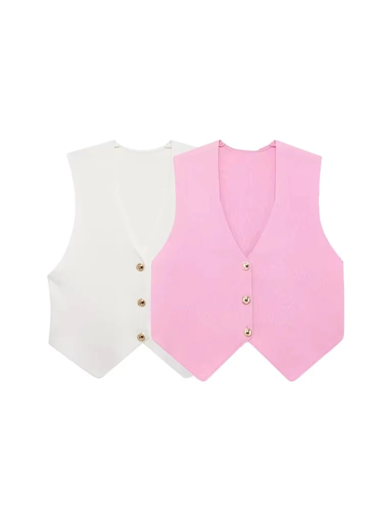 Women's Front Button Crop Knit Vest Sweater, V Neck, Sleeveless, Female Waistcoat, Chic Tops, Fashion