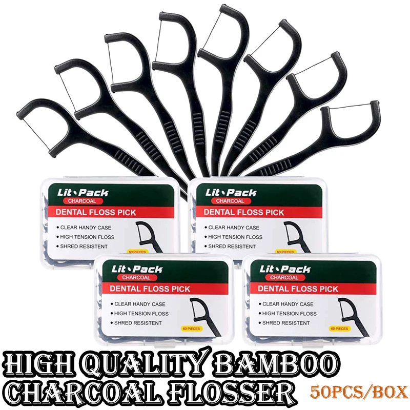 

Lit-Pack (manufacturer) Bamboo Charcoal Flosser Interdental Oral Clean Toothpick Ultra Thin Floss Portable Case 200pcs/4 cases