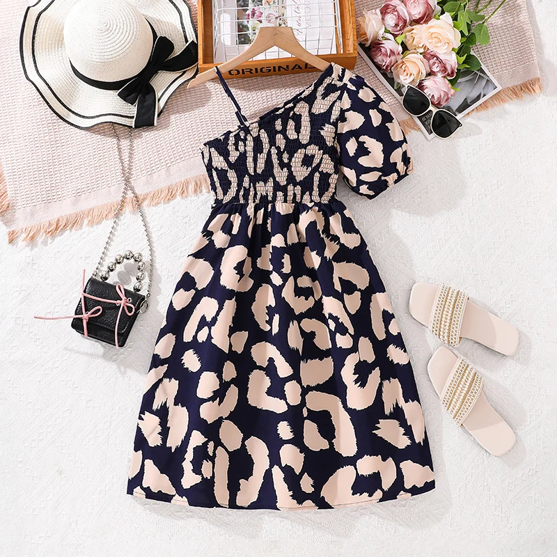 Kids For Girls Navy Blue Pattern Half-Strap Short-Sleeved New Design Resort Style Beach Dress And Cute Daily Clothes