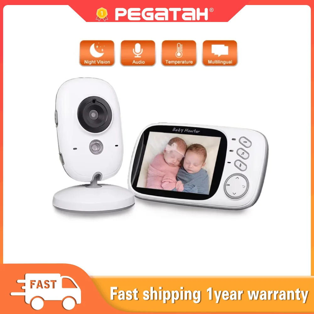 PEGATAH Video Monitor with 3.2 Inches LCD Two Way Audio Auto Infrared Night Vision Type-C Temperature Detection Baby Camera