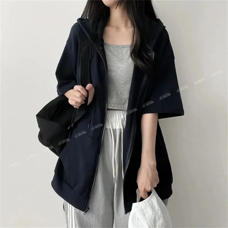Women's Half Sleeve Zip Up Hoodie Loose Fit Casual Oversized Hooded Sweatshirt with Pockets view 6