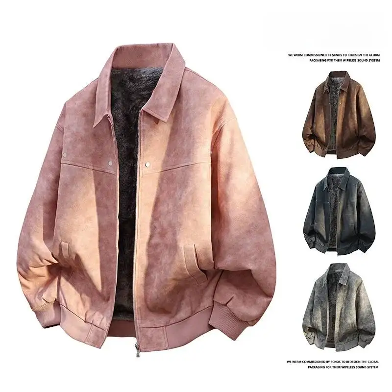 Men's Winter Thickened Warmth Cotton Jacket Fleece Lined PU Leather Retro Oversized Fashion Urban Style Collar Coat