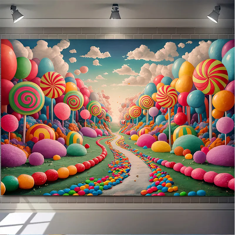 1pc Colorful Candy Land Lollipop Forest Sweet Dream 2D Flat Tapestry Backdrop For Kids Room Decor Fantasy Wall Hanging Art Print