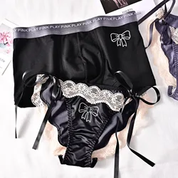 Lolita Couple Underwear Black Sexy Lace Up Pure Desire One Male One Female Pure Cotton Summer Underwear Set Thin Panties