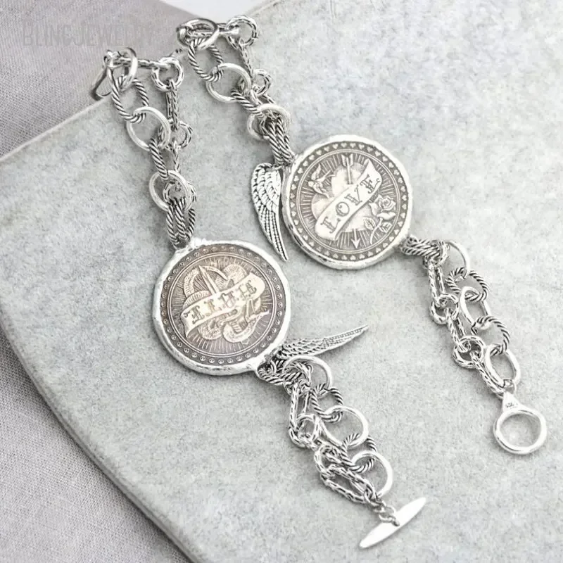 10PCS Hippie Love Medal Coin Charm Bracelet Antique Silver Plated Chain Women Boho  Jewelry Inoxidable Ascesorios Tiki