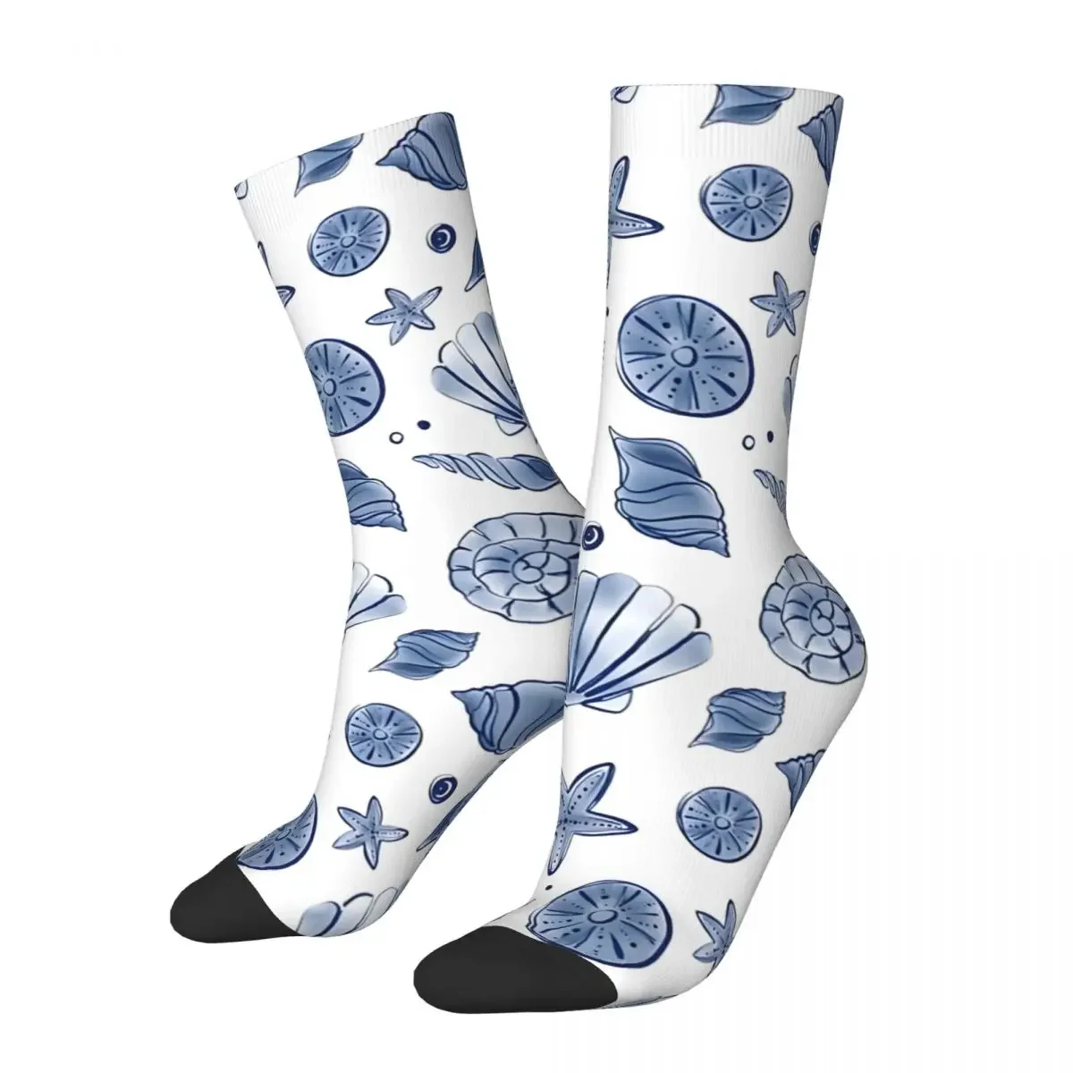 Marine Life Seashell Blue And White Pattern Men's Socks Retro Harajuku Street Style Novelty Pattern Crew Sock