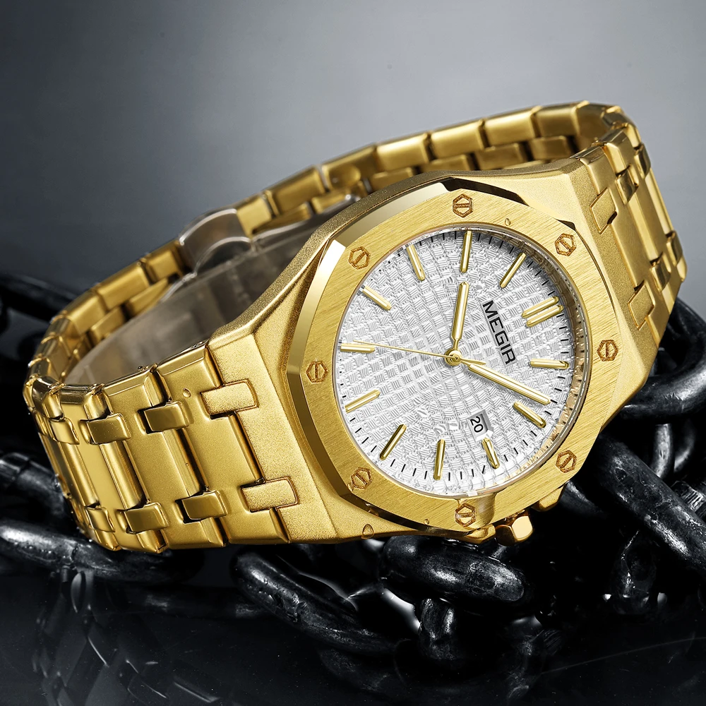 ساعات MEGIR للرجال من الفولاذ الناعم ساعة تناظرية كوارتز أصلية للرجال مقاومة للماء ومضيئة بمينا التاريخ
