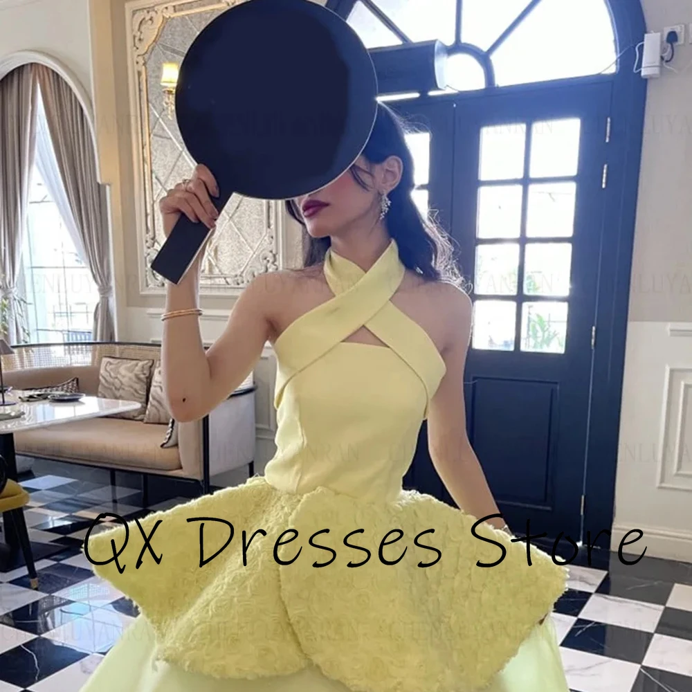 Maßgeschneiderte Yipeisha einfache exquisite Yello Neckholder Criss-Cross Abendkleider Blume A-Linie bodenlangen Tüll formelle Party Prom D