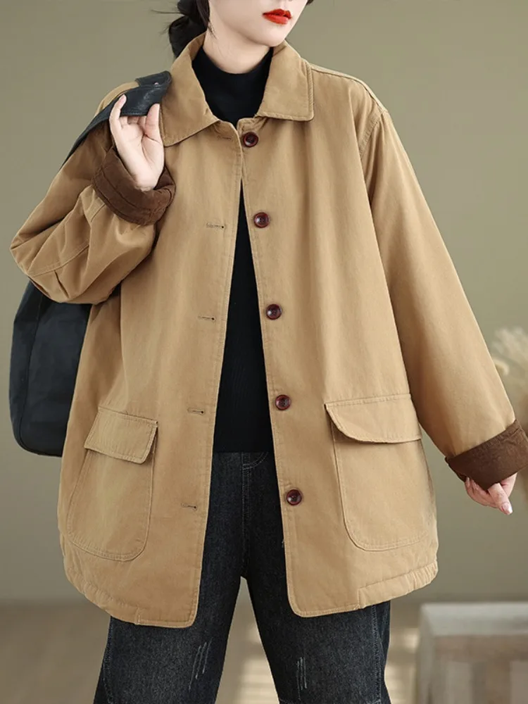 plus Size Cotton Flannel Shirt Jacket Women's Winter Thickened Collar Workwear Coat Medium Length Button up Pure Color