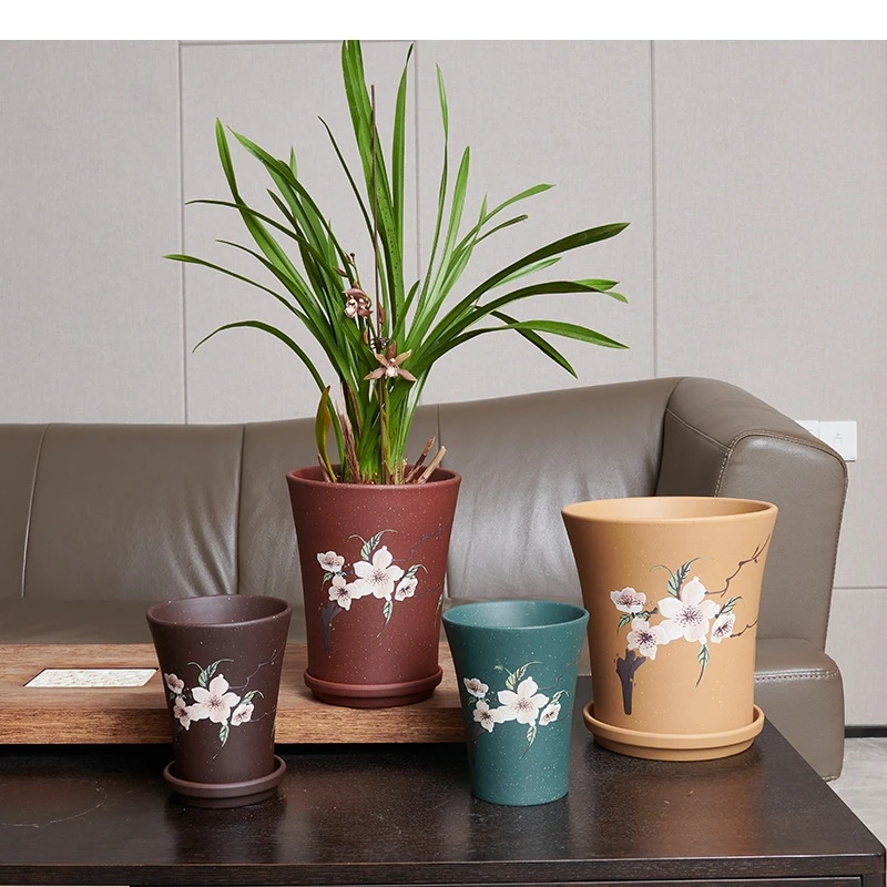 

Ceramic Flower Pots Tall Orchid Stoneware with Tray Plants Succulent Plant Accessories Balcony Decorations