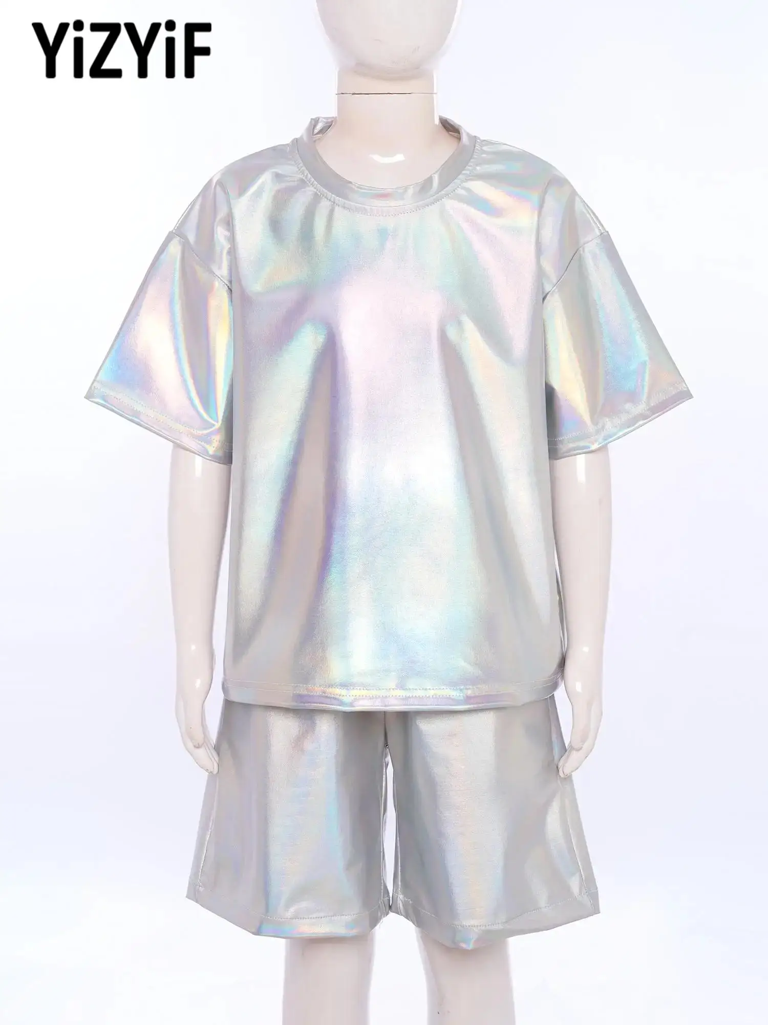 أزياء أطفال بنين الهيب هوب رقص الجاز الزي قصيرة الأكمام لامع تي شيرت مع جيوب حزام مطاط السراويل أداء مجموعات #1