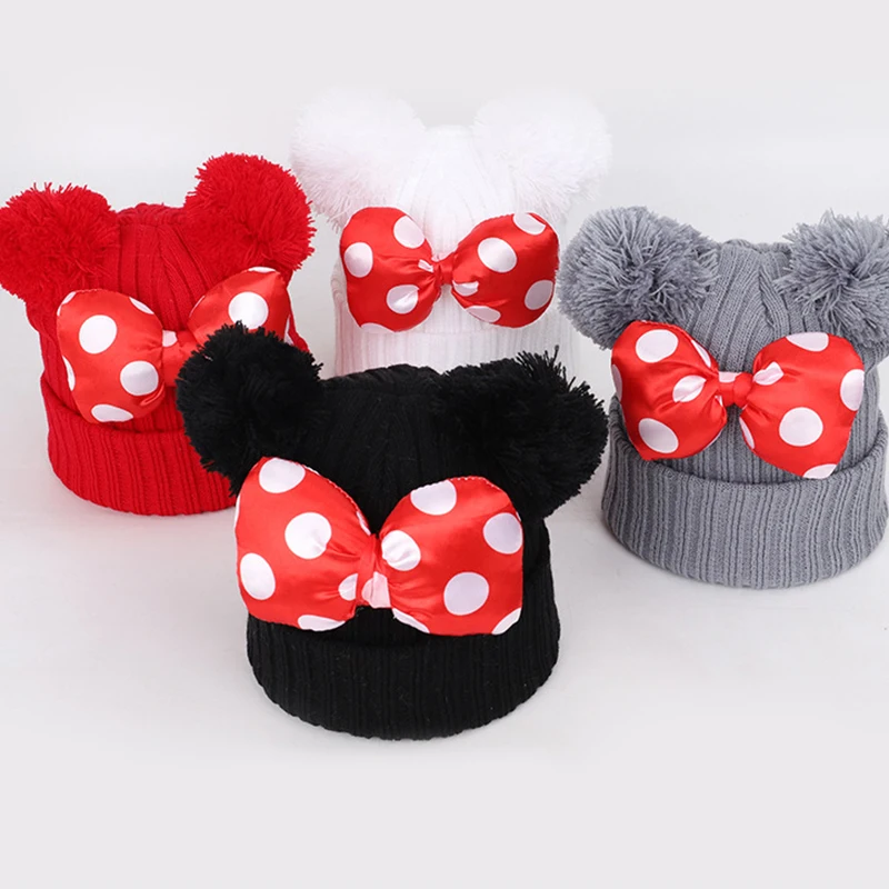 Cute Dot Bow Baby Hat Double Pompom Kids Girls Cap Knitted Autumn Winter Warm Beanie Solid Color Balls Toddler Hats Bonnet