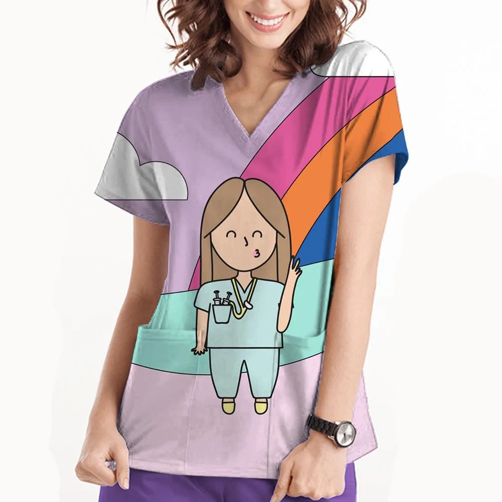 歯科スクラブ綿プリント V ネック半袖シャツ高品質看護師制服女性ペットクリニック医師作業服メンズスクラブ