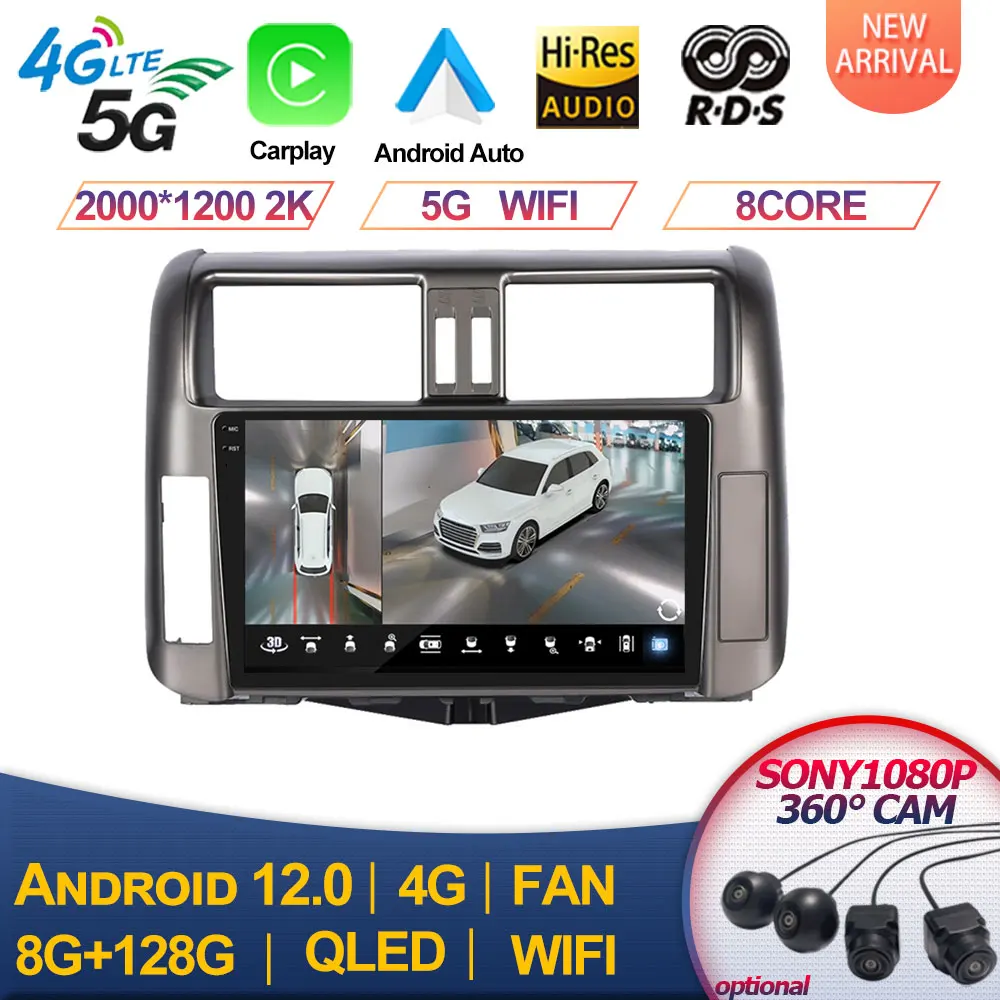 Radio con GPS para coche, reproductor con Android, 2DIN, Carplay, estéreo, 4G, WIFI, 2010x2013, DSP, para Toyota Prado 1280-720