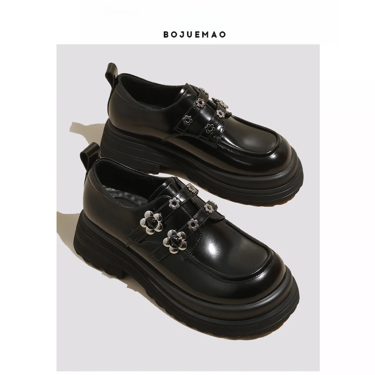 Elegant British Style Women's Flats Thick Bottom Double Buckle Heightening Single Shoes Comfortable Casual College Fashion
