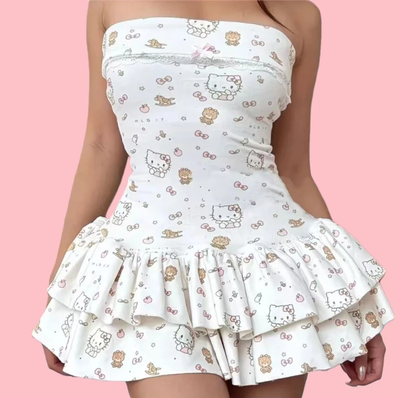

Kawaii Japanese Retro CartoonHelloKitty Print Dress NewCake SkirtY2K Slim-fit Cake Skirt Women's Harajuku Sexy Strapless Dresses