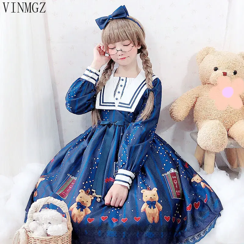 

Autumn original cute crown bear op long-sleeved dress Japanese daily Lolita small skirt princess dress